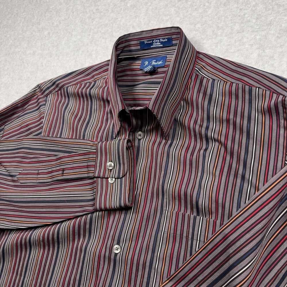 Paul Fredrick Shirt Mens Medium Gray Stripe Long Sleeve Button Front Cotton